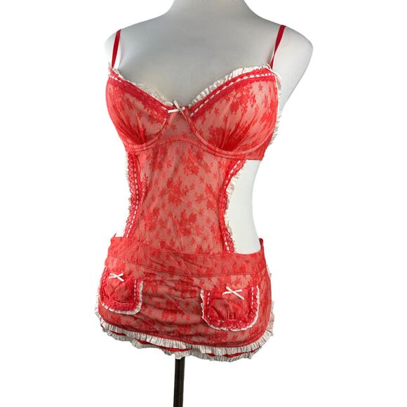 NWT Victoria’s Secret Maid Lingerie Teddy Red Mesh Lace Babydoll 34C Valentine - Picture 6 of 16
